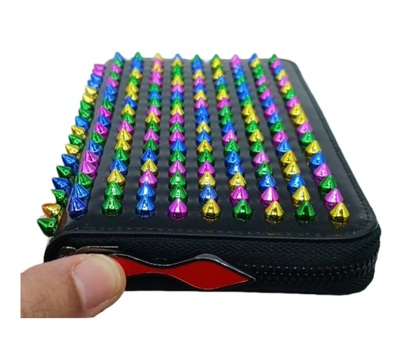 $1299 CHRISTIAN LOUBOUTIN Black Patent Leather Multicolor Spiked Studded Wallet - Picture 1 of 9